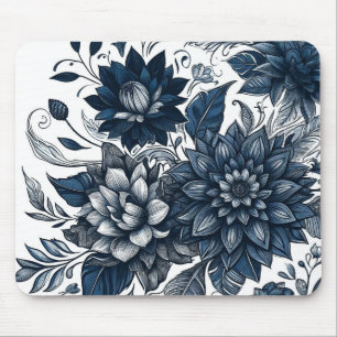 Blå och vit bohemsk blommig tryckmönster musmatta