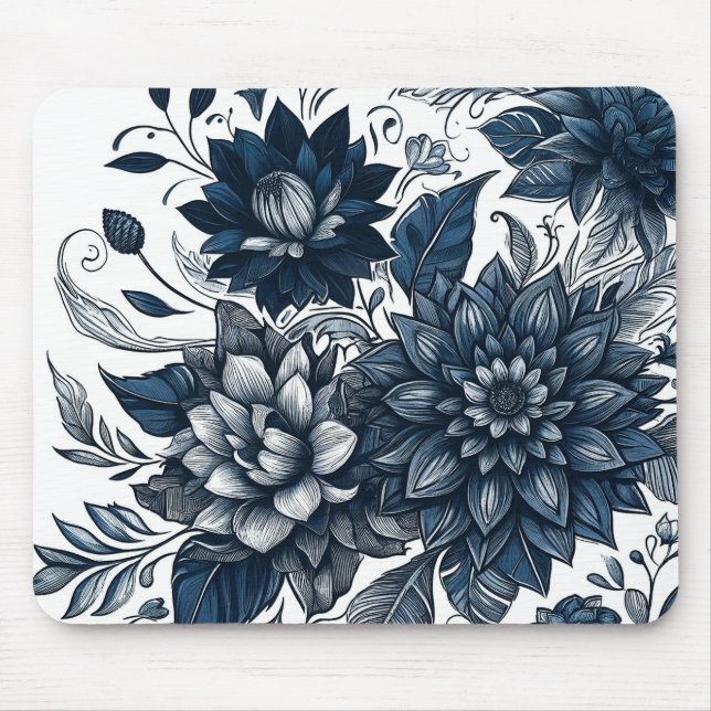 Blå och vit bohemsk blommig tryckmönster musmatta (Framsidan)