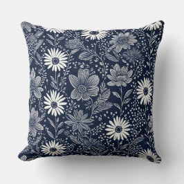 blå och vit boho Vitaktig blommigt Blockutskrift Kudde