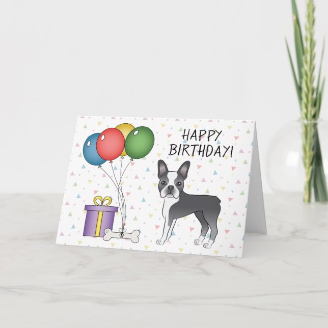 Blå Och Vit Boston Terrier Hund Glad Födelsedag Kort (Framsida)