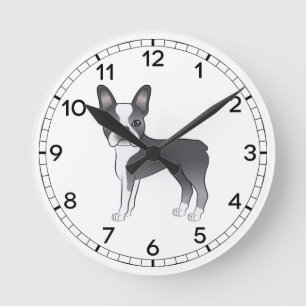 Blå Och Vit Boston Terrier Hund Illustration Rund Klocka
