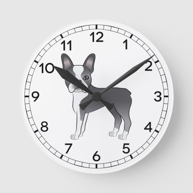 Blå Och Vit Boston Terrier Hund Illustration Rund Klocka (Framsida)