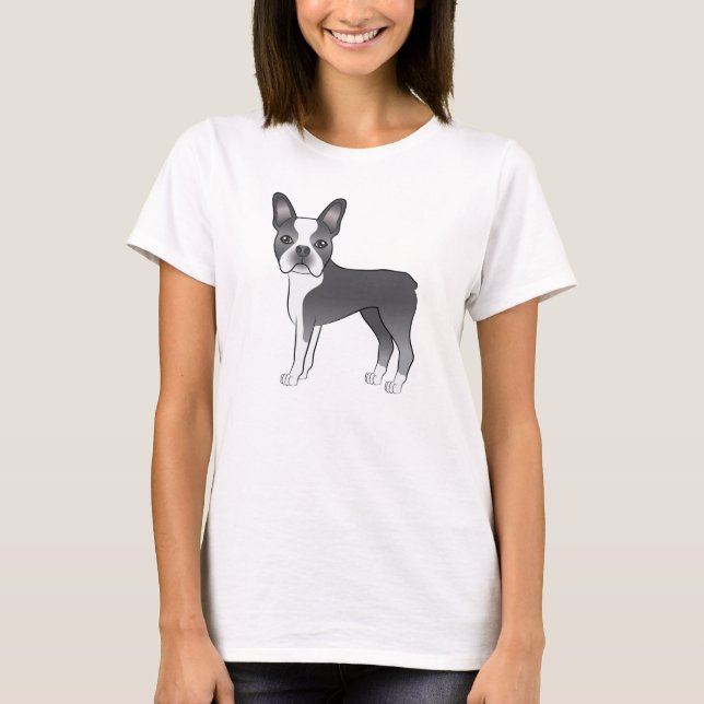Blå Och Vit Boston Terrier Hund Illustration T Shirt (Framsida)