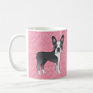 Blå Och Vit Boston Terrier Hund På Rosa Hjärtan Kaffemugg