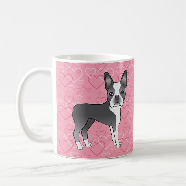 Blå Och Vit Boston Terrier Hund På Rosa Hjärtan Kaffemugg (Vänster)