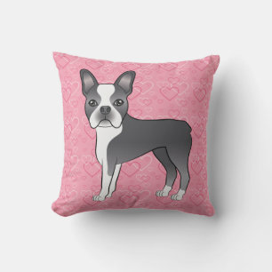 Blå Och Vit Boston Terrier Hund På Rosa Hjärtan Kudde