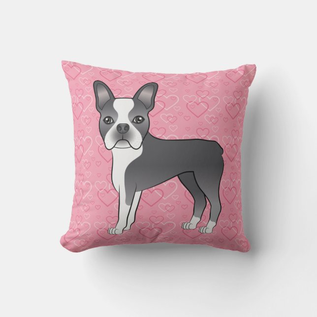 Blå Och Vit Boston Terrier Hund På Rosa Hjärtan Kudde (Framsida)