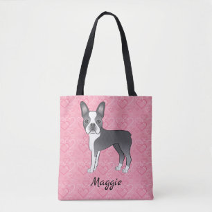 Blå Och Vit Boston Terrier Hund På Rosa Hjärtan Tygkasse