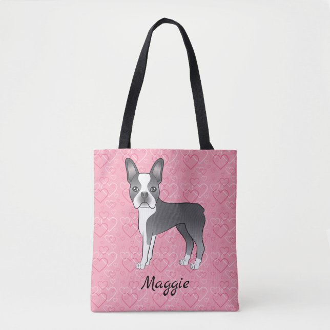 Blå Och Vit Boston Terrier Hund På Rosa Hjärtan Tygkasse (Framsida)