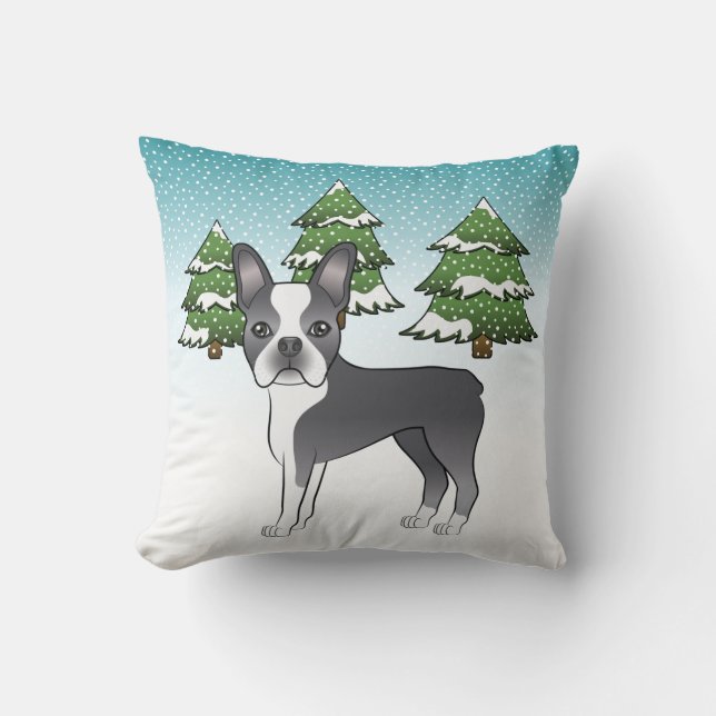 Blå Och Vit Boston Terrier I En Vinter Skog Kudde (Framsida)