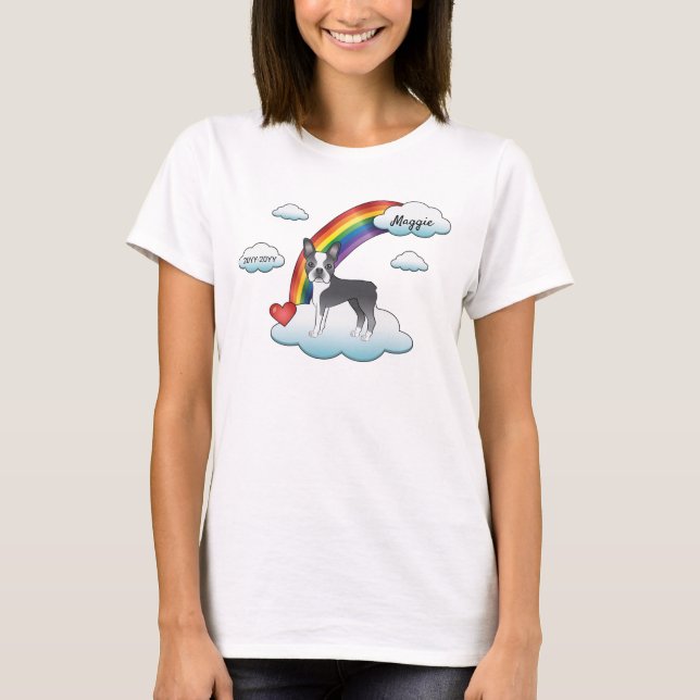 Blå Och Vit Boston Terrier Regnbågsminne T Shirt (Framsida)