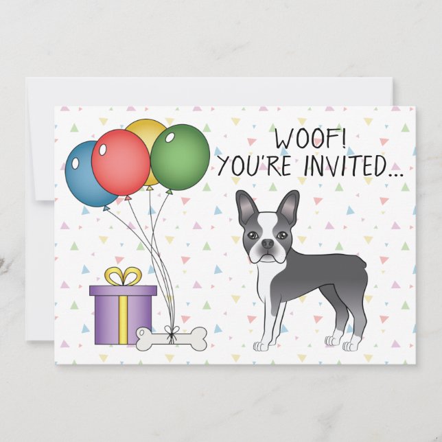 Blå Och Vit Boston Terrier Söt Hund - Födelsedag Inbjudningar (Framsida)