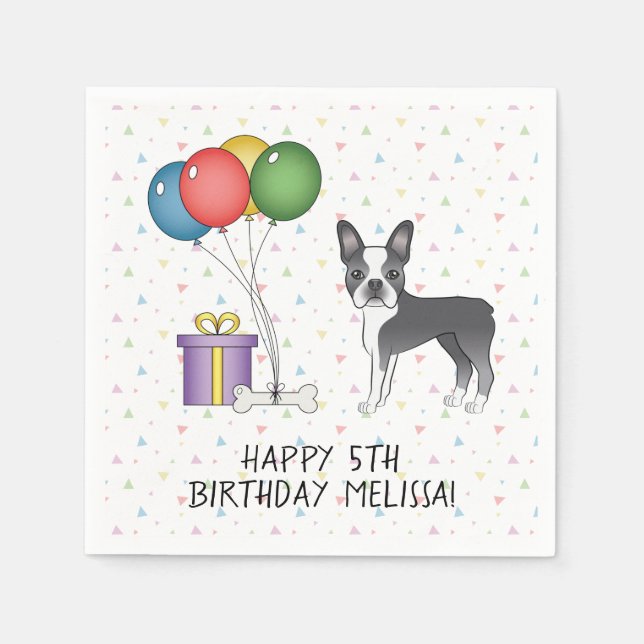 Blå Och Vit Boston Terrier Söt Hund - Födelsedag Pappersservett (Framsidan)