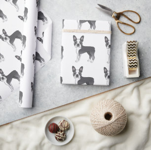 Blå Och Vit Boston Terrier Tecknad Hund Mönster Presentpapper