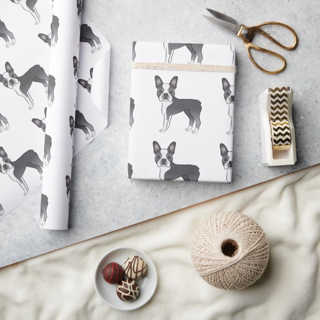 Blå Och Vit Boston Terrier Tecknad Hund Mönster Presentpapper (Hantverk)