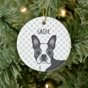 Blå Och Vit Boston Terrier Tecknad Hund & Namn Julgransprydnad Keramik