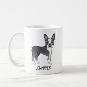 Blå Och Vit Boston Terrier Tecknad Hund & Namn Kaffemugg