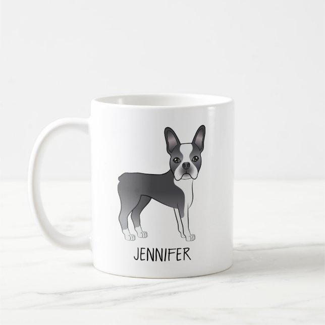 Blå Och Vit Boston Terrier Tecknad Hund & Namn Kaffemugg (Vänster)