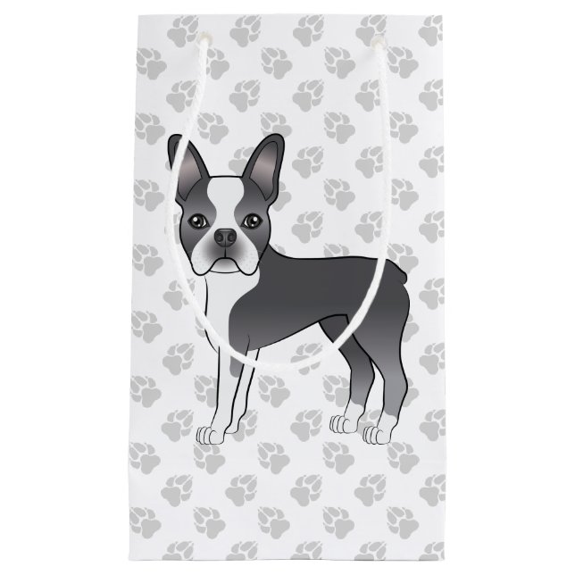 Blå Och Vit Boston Terrier Tecknad Hund & Tassar (Framsidan)