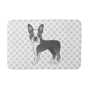 Blå Och Vit Boston Terrier Tecknad Hund & Tassar Badrumsmatta