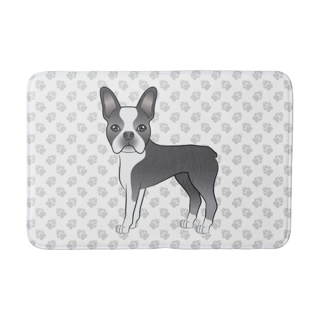 Blå Och Vit Boston Terrier Tecknad Hund & Tassar Badrumsmatta (Framsidan)