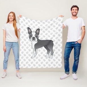 Blå Och Vit Boston Terrier Tecknad Hund & Tassar Fleecefilt