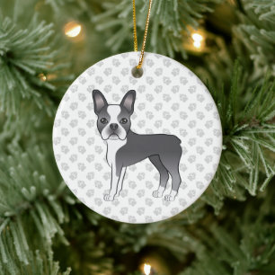 Blå Och Vit Boston Terrier Tecknad Hund & Tassar Julgransprydnad Keramik