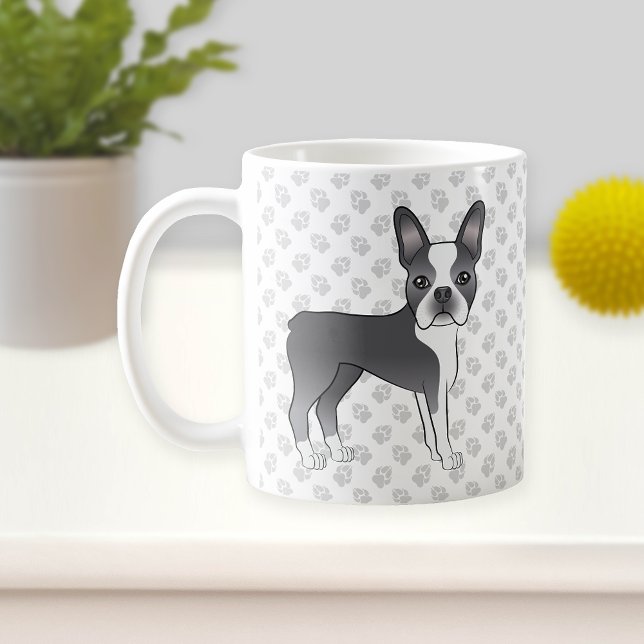 Blå Och Vit Boston Terrier Tecknad Hund & Tassar Kaffemugg (Skapare uppladdad)