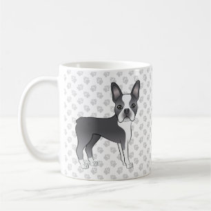 Blå Och Vit Boston Terrier Tecknad Hund & Tassar Kaffemugg