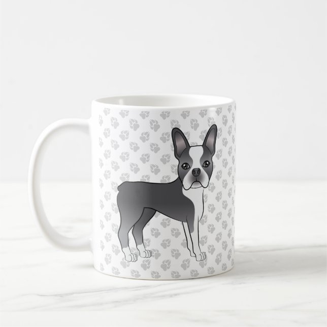 Blå Och Vit Boston Terrier Tecknad Hund & Tassar Kaffemugg (Vänster)