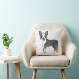 Blå Och Vit Boston Terrier Tecknad Hund & Tassar Kudde