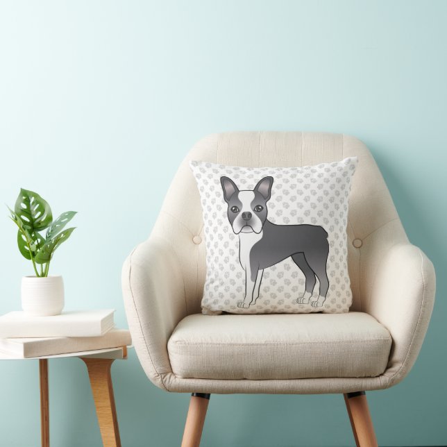Blå Och Vit Boston Terrier Tecknad Hund & Tassar Kudde (Stol)