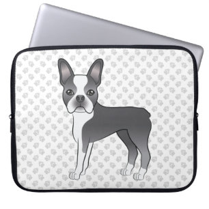 Blå Och Vit Boston Terrier Tecknad Hund & Tassar Laptop Fodral