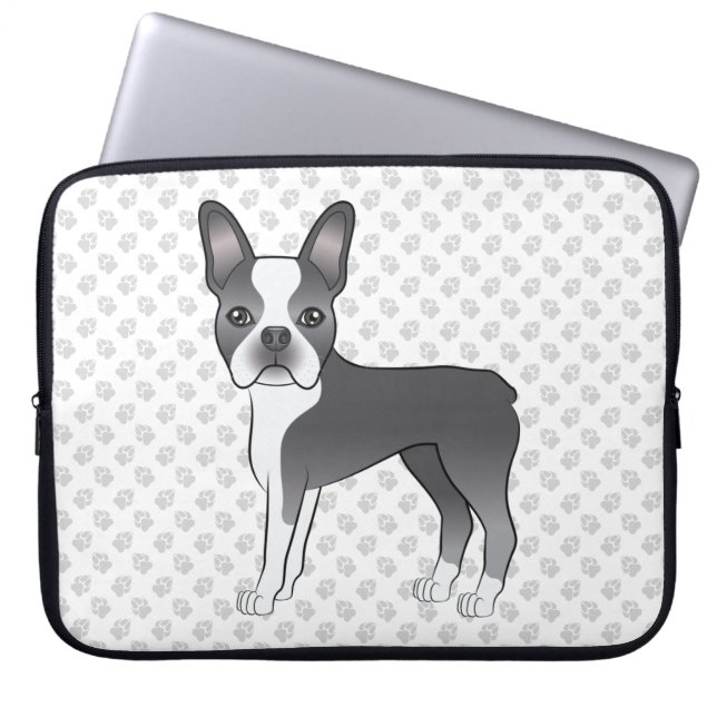 Blå Och Vit Boston Terrier Tecknad Hund & Tassar Laptop Fodral (Framsidan)