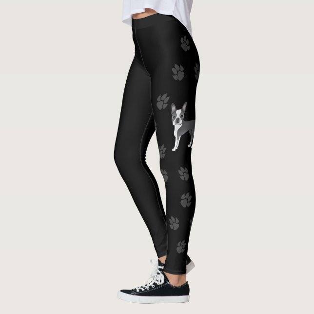 Blå Och Vit Boston Terrier Tecknad Hund & Tassar Leggings (Vänster)