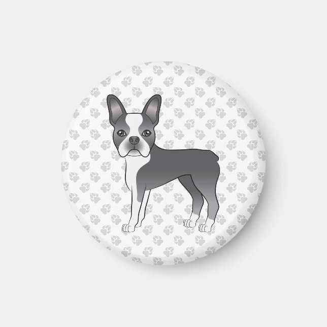 Blå Och Vit Boston Terrier Tecknad Hund & Tassar Magnet (Framsidan)