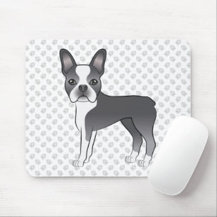 Blå Och Vit Boston Terrier Tecknad Hund & Tassar Musmatta