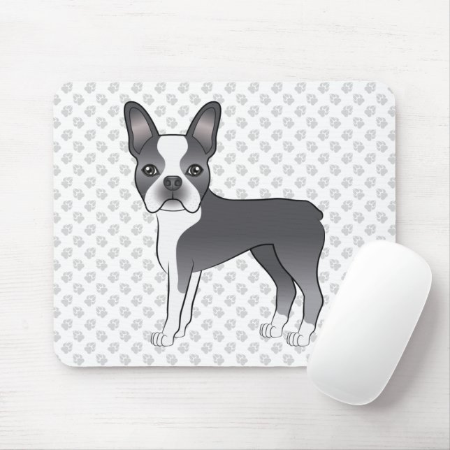 Blå Och Vit Boston Terrier Tecknad Hund & Tassar Musmatta (Med mus)