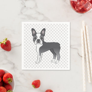 Blå Och Vit Boston Terrier Tecknad Hund & Tassar Pappersservett