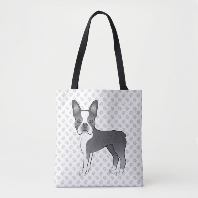 Blå Och Vit Boston Terrier Tecknad Hund & Tassar Tygkasse (Framsida)