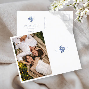 Blå och vit Bröllop-Blommigt, Monogrammed Bröllop Meddelande Vykort