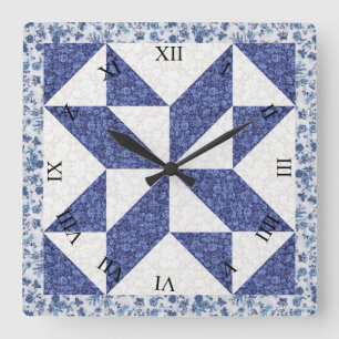 Blå och vit Calico Falsk Quilt Fyrkantig Klocka