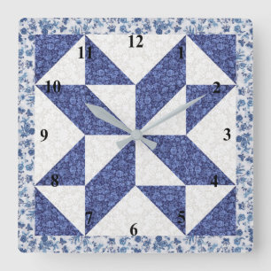 Blå och vit Calico Falsk Quilt Fyrkantig Klocka