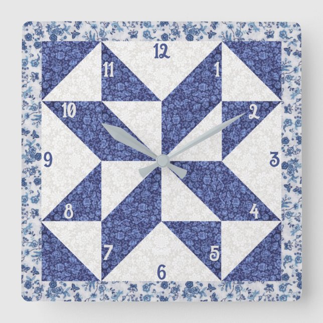Blå och vit Calico Pinwheel Falsk Quilt Fyrkantig Klocka (Framsida)