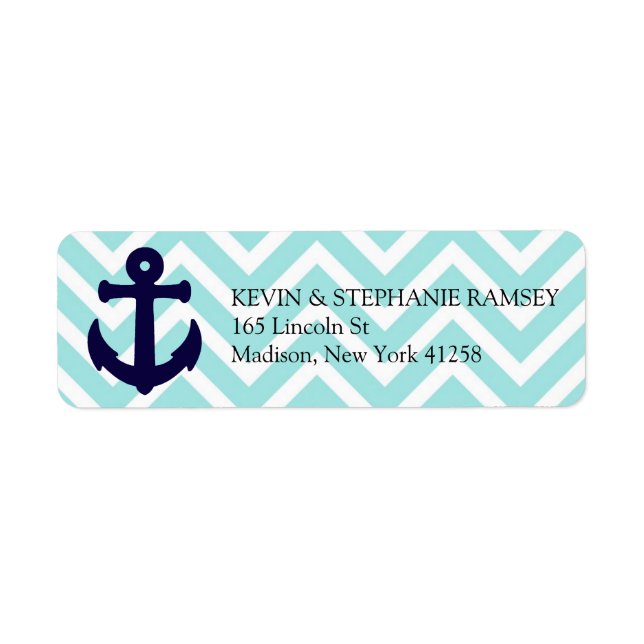 Blå och vit Chevron Nautical Anchor Returadress Etikett (Framsidan)