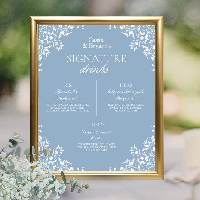 Blå och vit Chic Bröllop Namnteckning drycker Poster (Elegant dusty blue and white bride and groom names signature drinks bar menu with his her theirs)