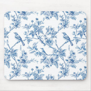 Blå och vit chinoiserie blomfåglar musmatta