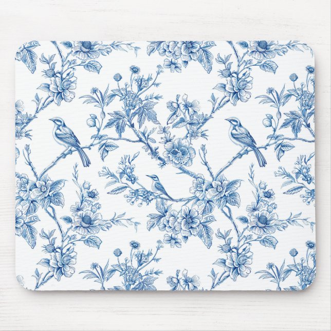 Blå och vit chinoiserie blomfåglar musmatta (Framsidan)