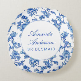 Blå och vit chinoiserie brudtillsammanspresent rund kudde