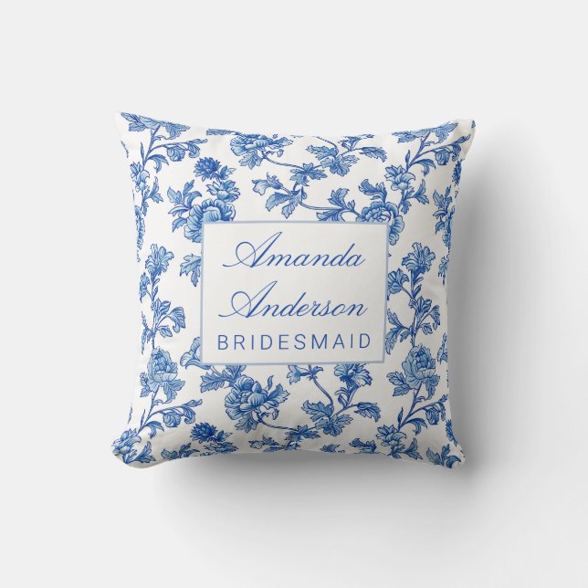 Blå och vit chinoiserie brudtjänstpresent kudde (Framsida)